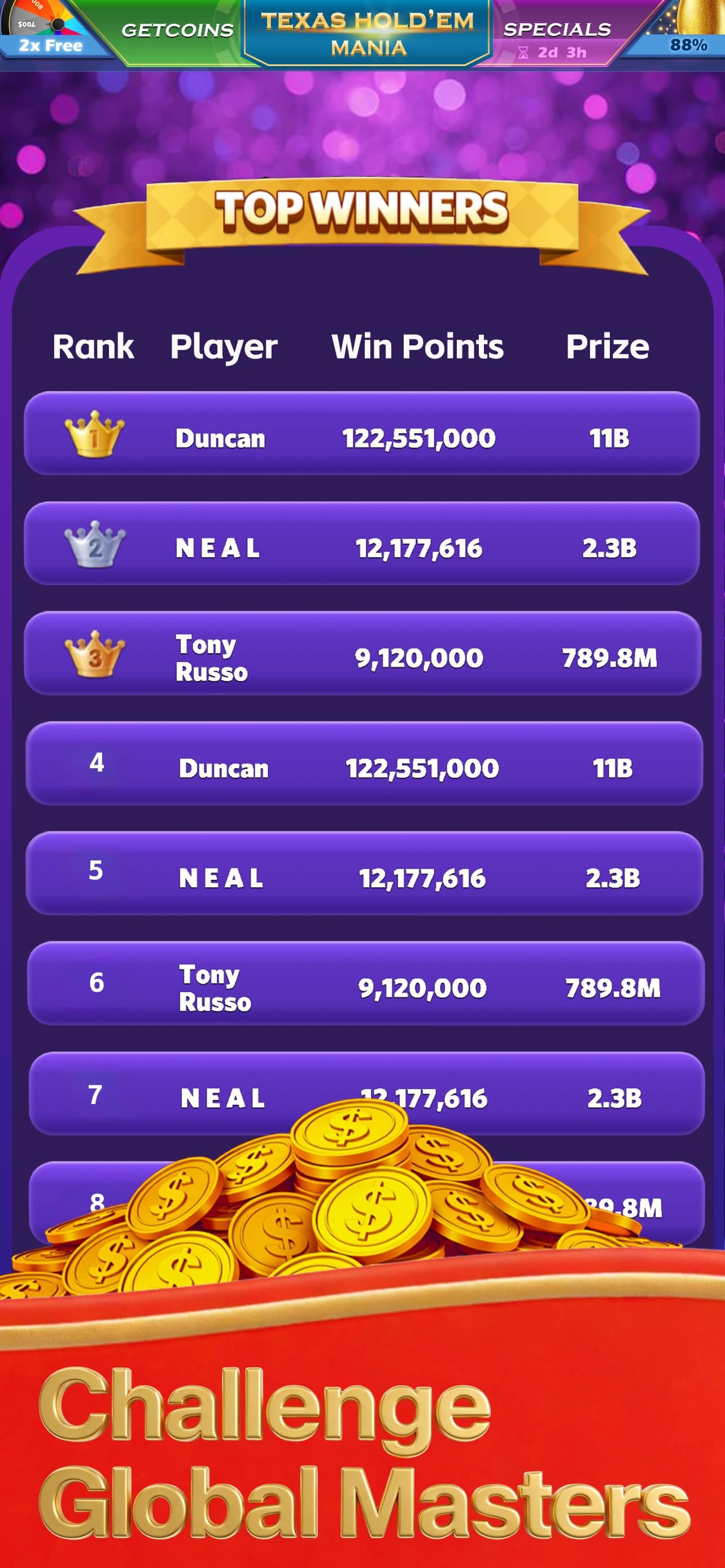 Texas Holdem Mania Top Winners leaderboard with ranked players and virtual coin prizes.