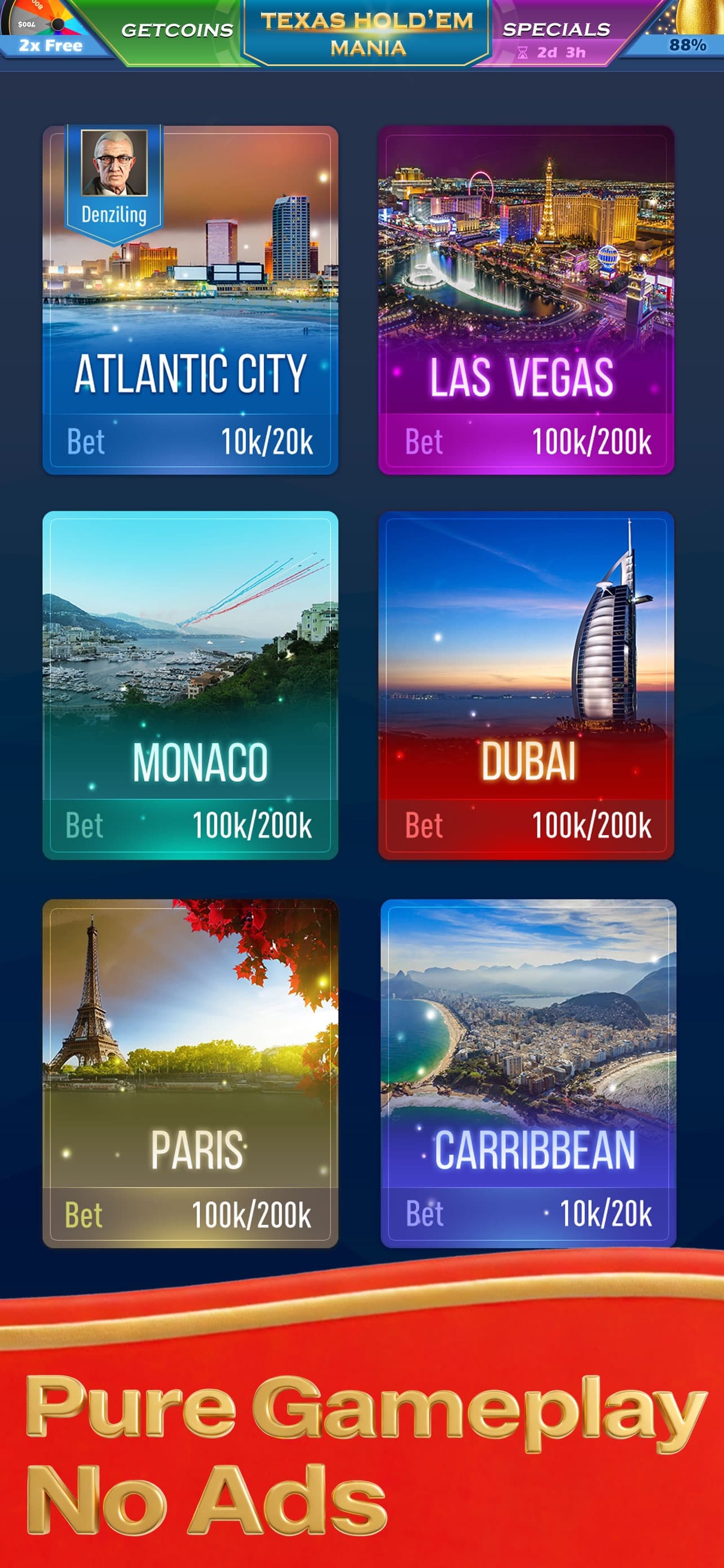 Texas Holdem Mania table selection showing Atlantic City, Las Vegas, Monaco, Dubai, Paris, and Caribbean rooms.